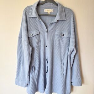 French Laundry Waffle Knit Shacket – Soft Blue Button Jacket, Women’s 2X